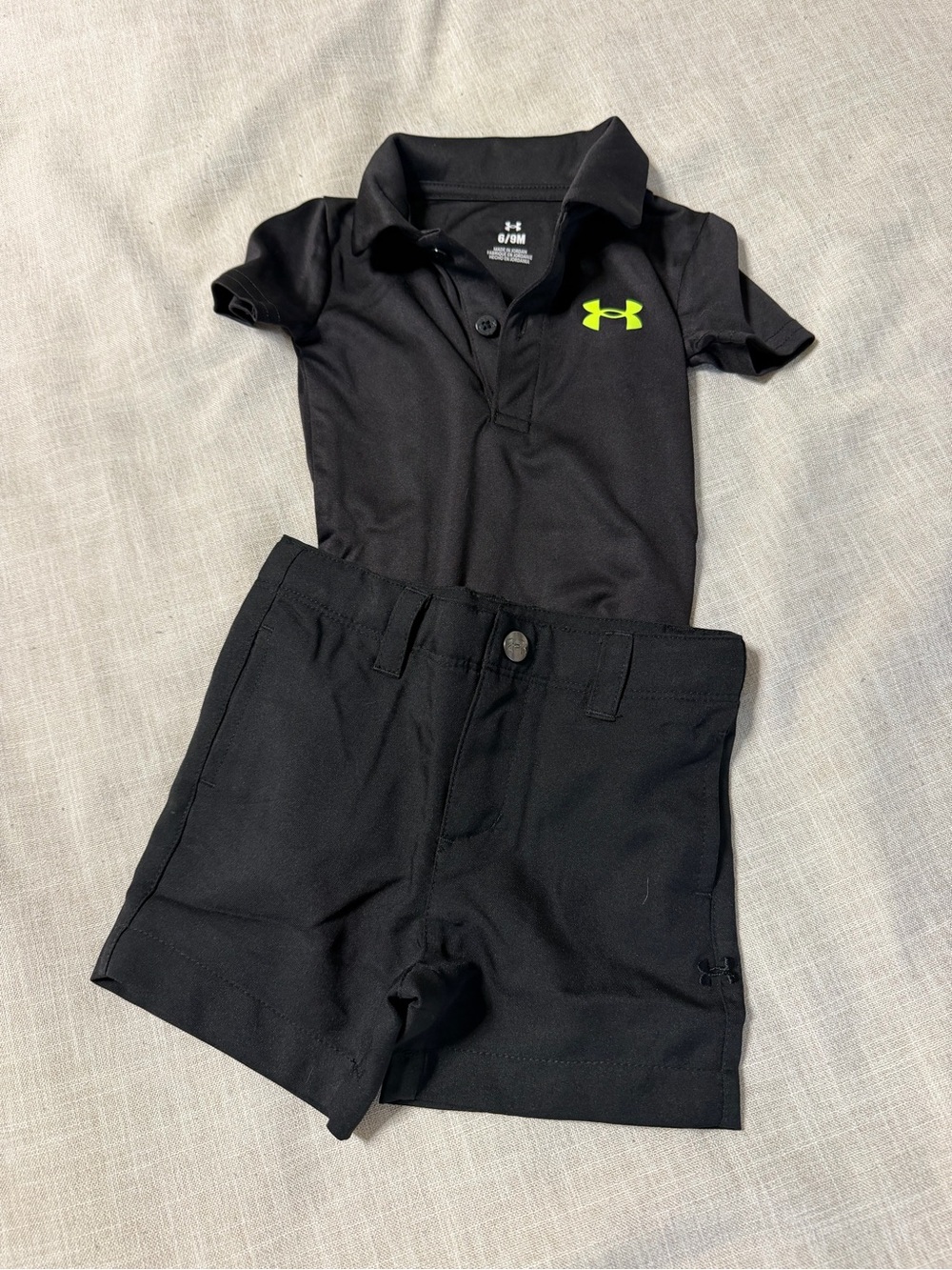 Under Armour Black Polo and Shorts with Neon Yellow-Green Logo